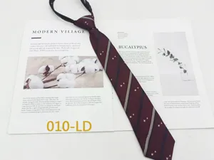 Zipper necktie for men and women, dark red starry pattern, casual uniform tie detail.