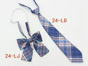 Japanese JK uniform plaid necktie and bowknot set, blue and pink plaid fabric detail view.