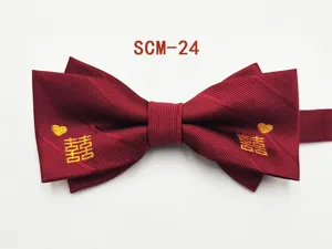 Red wedding bow tie with golden embroidery double happiness symbol for men formal wear
