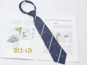 Navy blue pre-tied zipper necktie with red stripes and stars for unisex college uniform fashion.