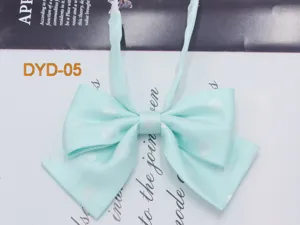 Close-up detail of light blue polka dot bow tie, JK uniform collar accessory fabric design.