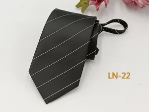 Detail view of black striped zipper tie, showing diagonal pattern and texture clearly.