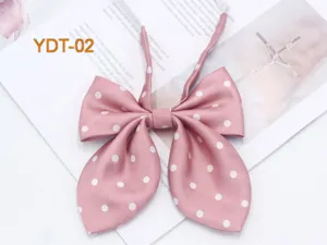 Close-up detail of cute pink polka dot bow tie accessory, soft fabric texture and clean flat lay.