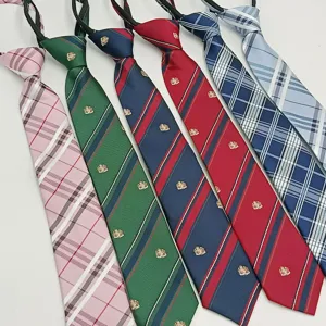 Unisex College Style Zipper Necktie Polyester Plaid Striped Lazy Pre-Tied Tie Student School Uniform