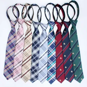 Unisex preppy style plaid zipper necktie, narrow design, easy wear lazy tie for school uniforms.