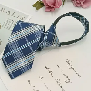 Unisex blue plaid zipper tie college style pre-tied lazy necktie for school uniform wear.