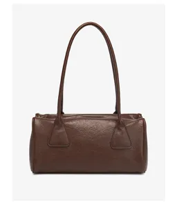 Dark brown retro shoulder bag detail, textured PU leather surface with long slender straps.