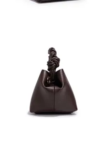 Dark brown leather handbag featuring a stylish knotted handle and unique triangular pouch design.