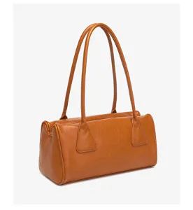 Brown PU leather retro underarm shoulder bag detail, minimalist design, commuting handbag.