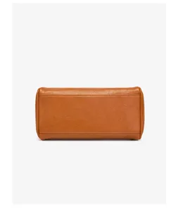 Retro brown leather handbag bottom detail view, simple versatile commuter shoulder bag style.