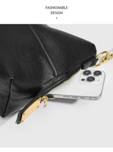 Schwarze Leder-Hobo-Umhängetasche mit goldener Hardware, große Kapazität Pendler-Unterarmtasche