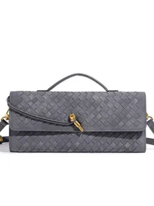 Stylish Grey Woven Leather Shoulder Bag Vintage Handbag Crossbody Bag Close Detail View