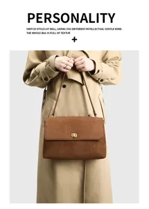 Vintage brown suede shoulder bag for women, minimalist commuter underarm bag with metal lock.