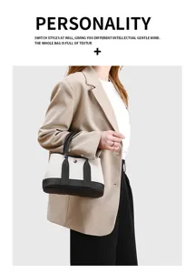 Piccola borsa a mano in tela bicolore da donna, elegante shopper con manici superiori.