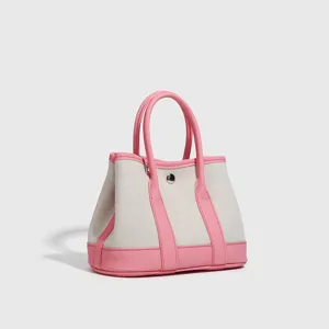 Piccola borsa shopper in tela con finiture in pelle rosa, elegante borsa a spalla donna