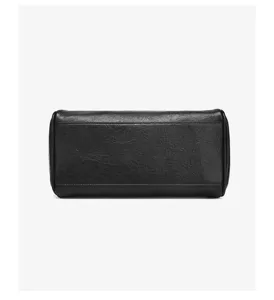 Minimalist black leather underarm bag bottom view, chic retro commuter handbag for women.