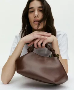 Fashion brown leather handbag with braided handle stylish minimalist women shoulder bag