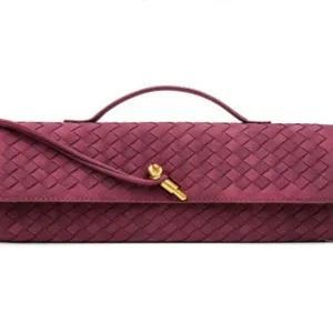 Retro woven baguette shoulder bag, vintage suede handmade crossbody clutch for women.