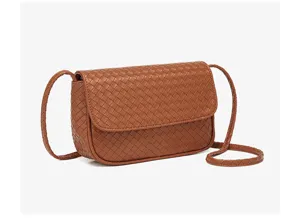 Bolso cruzado de cuero tejido marrón para mujer, elegante bolso pequeño con solapa informal.