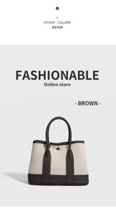 Vista dettagliata della piccola borsa tote in tela con design a contrasto e manici in pelle.