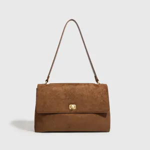 Vintage brown suede women shoulder bag, minimalist commuter underarm handbag main view