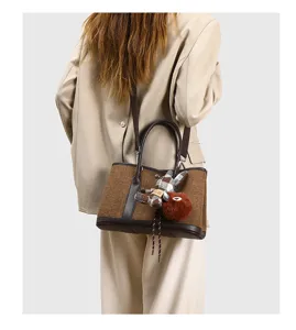 Dames tweed kleurencombinatie tuintas herfst winter mode schouder handtas met pluche charm