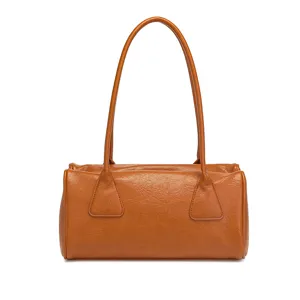Minimalist brown leather shoulder bag, retro large capacity commuter handbag for women.