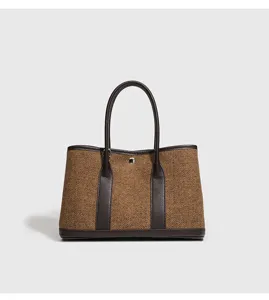 Bruine visgraat tweed shopper handtas met lederen afwerking, grote damesschoudertas.