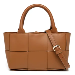 Bolso de mano de cuero tejido marrón, bolso bandolera retro para mujer, elegante bolso diario.