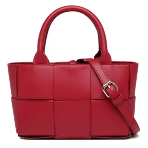 Bolso de mano de cuero tejido rojo para mujer elegante bolso cruzado de hombro