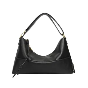 Klassische schwarze Leder Hobo Umhängetasche für Damen, elegante Freizeittasche mit Reißverschluss.