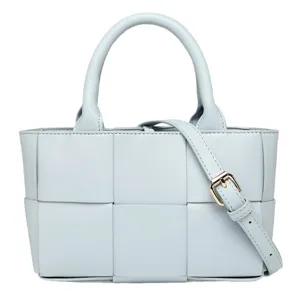 Bolso de mano de cuero tejido azul claro para mujer, elegante bolso cruzado con asa y correa.