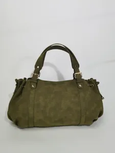 Green suede commuter handbag for women, elegant top handle shoulder bag with metal buckles.