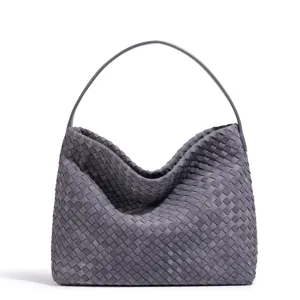 Grey woven leather shoulder handbag, vintage large capacity underarm hobo bag for women main view.
