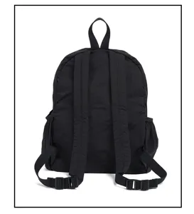 Minimalist black nylon backpack with spacious capacity and adjustable straps for daily use.