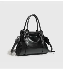 Korean style black leather retro motorcycle handbag versatile compact shoulder crossbody commuter bag