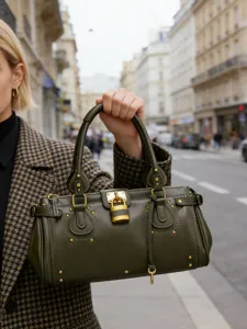 Borsa a mano Boston vintage verde scuro con lucchetto e dettagli di borchie per donna.
