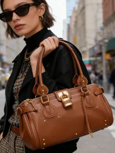 Borsa Boston vintage in pelle marrone con lucchetto e borchie, elegante borsa a spalla.