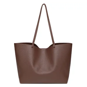 Bruine zachte PU lederen shopper tas met lange hengsels, grote schoudertas voor dames.