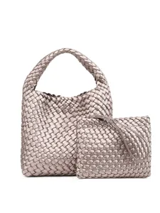 Ensemble de sac à main en cuir tressé métallique argenté avec pochette élégante