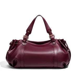 Burgundy Boston handbag minimalist PU leather tote bag stylish commuter shoulder bag.