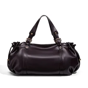 Elegant dark brown leather Boston handbag for women, casual tote shoulder bag for work.