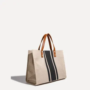 Große Damen Canvas Tragetasche lässige Farblock Handtasche mit braunen Ledergriffen