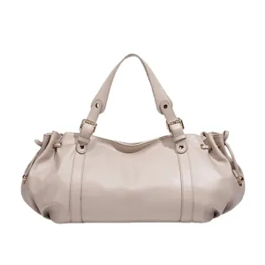 Elegant beige women boston shoulder bag, stylish solid color minimalist commuter handbag.