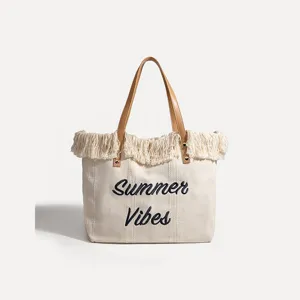 Bolso tote de lona grande con letras bordadas, elegante bolso de hombro para playa.