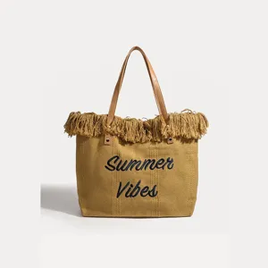 Bolso tote grande de lona para mujer con flecos y bordado Summer Vibes bolsa de playa.