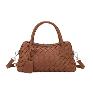 Schicke braune Leder Handtasche gewebtes Design elegante Damen Umhängetasche Alltag