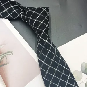 Men's Black White Grid Tie Korean Style Narrow Necktie Casual Fashion Business Accessories