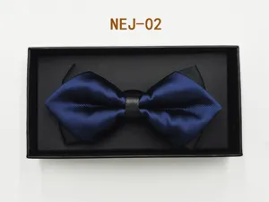 Men's double layer blue bow tie detail view with black gift box packaging for wedding suit.
