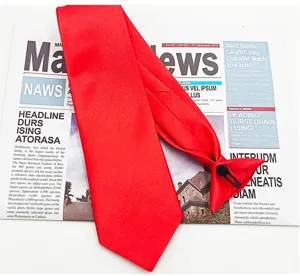 Solid red pre-tied mens tie with zipper clip easy to wear formal business suit necktie.
